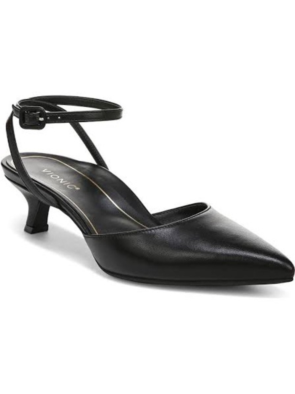 Vionic Jacynda Black Pointed Ankle-Strap Kitten Heel Pump size 9.5
